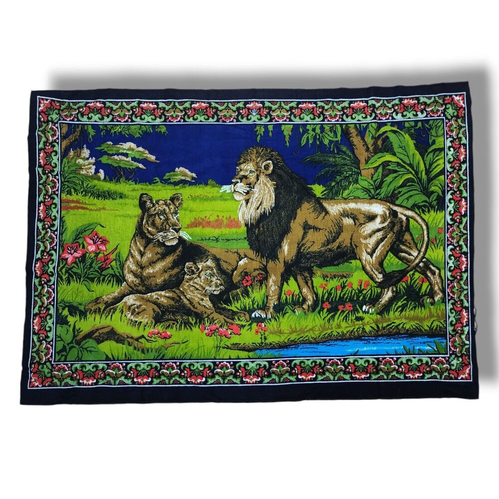 Lion King Pride Tapestry Wall Hanging Blue Red Green Big Cat Africa Savannah